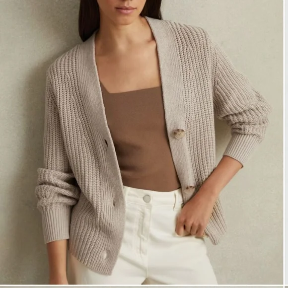 REISS Ariana Cotton Blend V-Neck Knitted Cardigan in Neutral Size Large - Picture 3 of 8